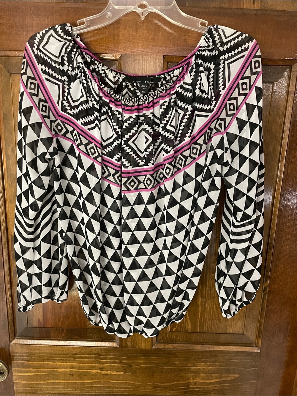 Alina Cristina top, elastic hem/neck/cuffs, geometric design, M/L